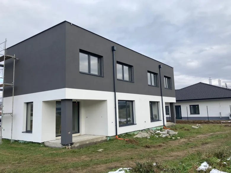 Modern black-and-white facade with a large-format wood effect in Nové Mesto nad Váhom – photograph 6 of 10